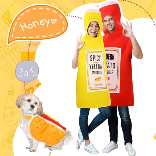 Newcotte 3 Pcs Ketchup and Mustard Couple's Costume, Halloween Food Set