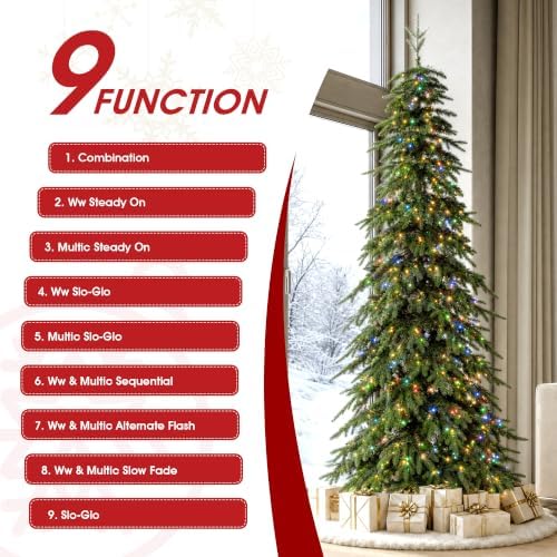 Glitzhome Prelit Christmas Tree, 9ft Pencil Artificial Christmas Tree with 580 Warm White & Multi-Color LED Lights, 9 Function w/Remote, Simple Setup, Chicago Evergreen Spruce for Home Holiday Décor