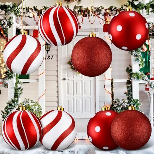 RoundFunny 8 Pcs 6 Inch Electroplated Christmas Ornaments, Red and White