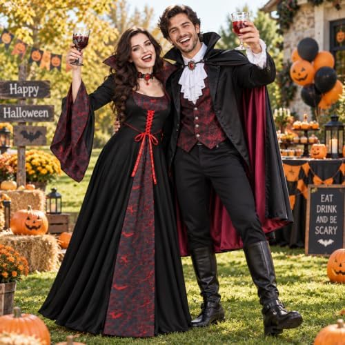 Vampire Costume Women Gothic Stand-Up Collar Vampiress Dress with Choker