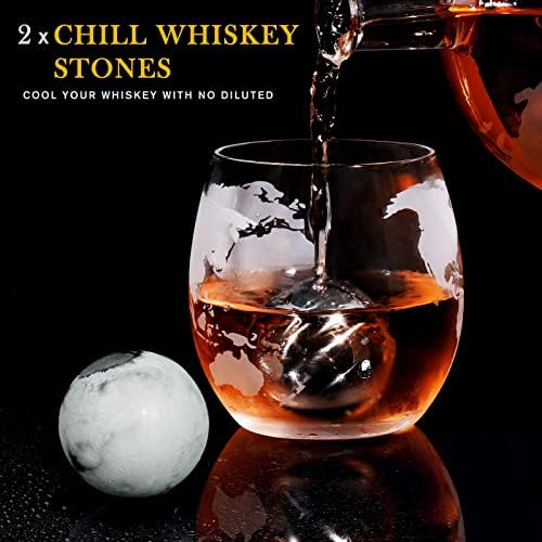 PONPUR Gifts for Men Dad Christmas, Whiskey Decanter Globe Set with 2 Ball Stones & 2 Glasses, Anniversary Birthday Gifts for Him Husband Boyfriend Brother, Cool Stuff Gift for Bourbon Scotch