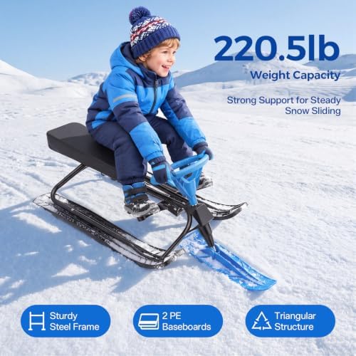 Snow Scooter for Kids & Adults, Steerable Ski Bike Sled with Steering Wheel & Dual Serrated Brakes, Heavy Duty 220 LBS Capacity Snow Racer Sled for Children Teens Adults Safe Winter Sport Toy