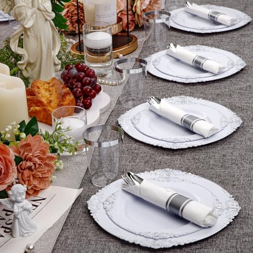 Hioasis 210 Pcs White Silver Plates for Party