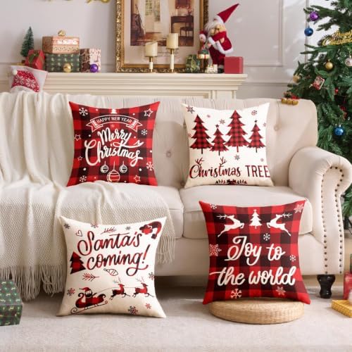 Plaid Christmas Pillow Covers 16x16 Buffalo Check Set of 4 Red Black Christmas Decorations Farmhouse Throw Pillow Covers Winter Holiday Linen Cushion Case for Home Sofa Couch Bed Chair