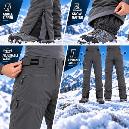 clothin Men's Waterproof Ski Pants Insulated Snow Pants with Boot Gaiters