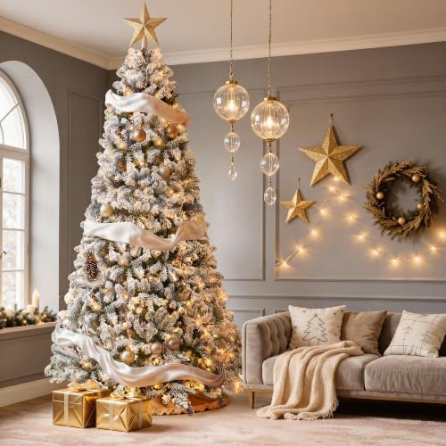 DWVO 6ft Prelit Snow-Flocked Artificial Pine Christmas Tree with Remote