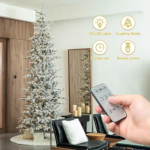 Glitzhome 10ft Prelit Christmas Tree, Artificial Flocked Christmas Tree with 2335 PE&PVC Branch Tips, Deluxe Majestic Frostfall Fir Holiday Tree w/700 Warm White Lights, Three Function, Easy Assembly