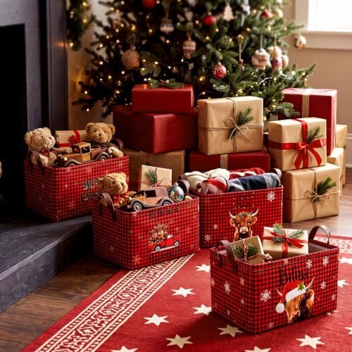 CHENGU 6 Pack Christmas Storage Basket Collapsible Christmas Basket for Gifts Highland Cow Holiday Decor Large Red Truck Bin Foldable Xmas Tree Box with Handle for Bedroom Office Home