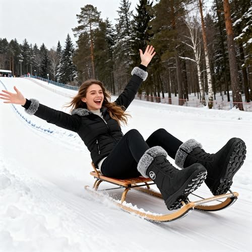 Ablanczoom Winter Snow Boots for Women: Comfortable Warm Fur Lined Womens Boots Outdoor Waterproof Non Slip Lace Up Walking Booties