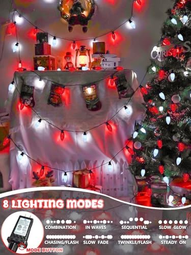 EXF 2 Pack Linkable C9 Christmas Lights Outdoor 66 FT 100 LED Red and White