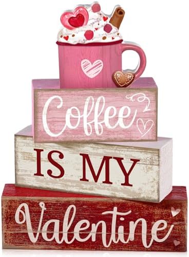Lineshading 4 Pcs Valentine Coffee Wood Block Signs, Tiered Tray Decor