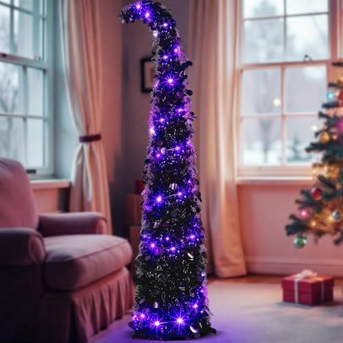 Aurelema 5 ft Curved Halloween Pop up Christmas Tree with Lights Tinsel
