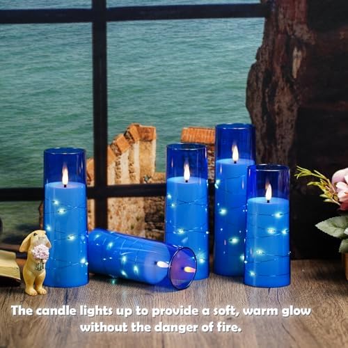 kakoya Flameless LED Candles with Timer 9 Pc Flickering Flameless Candles for Romantic Ambiance and Home Decoration Stable Acrylic Shell,with Embedded Star String，Battery Operated Candles（Blue）