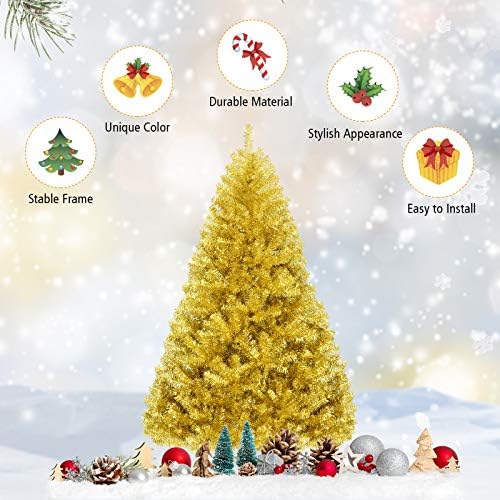 Happygrill 6FT Golden Christmas Tree Artificial Tinsel Xmas Tree with Metal Stand, 1036 Branch Tips Artificial Hinged Christmas Tree for Holiday Decoration