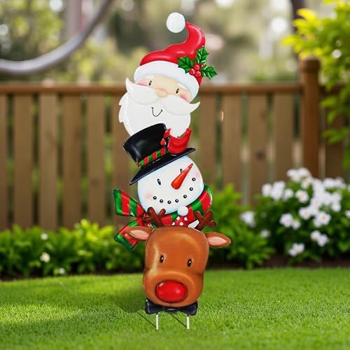 Metal Christmas Decor, Garden Art with 3 Santa Claus, Snowman, Elk Stakes