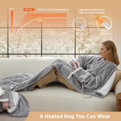 Bedsure Ribbed Wearable Heated Blanket with Foot Pocket & Sleeves 50x71+18"