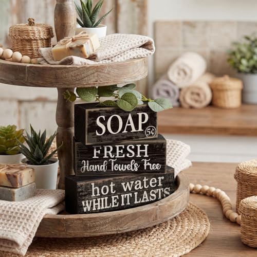 Lineshading 4 Pcs Wooden Bathroom Block Signs, Farmhouse Shelf Decor