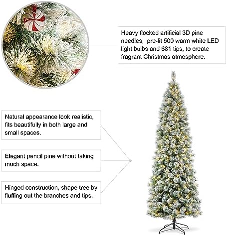 Glitzhome 9ft Prelit Christmas Tree, Flocked Pencil Artificial Christmas Tree with 500 Warm White Lights, Pine Christmas Trees w/Foldable Metal Stand for Home, Office, Party Decoration, Easy Assembly