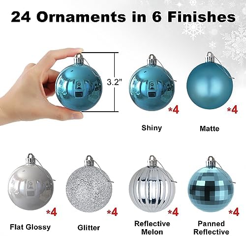 Baby Blue & Silver 3.2" Large Christmas Balls - Christmas Tree Decoration Ornaments Shatterproof Hanging Balls for Birthday Halloween Holiday Wedding Decorations Set of 24pcs