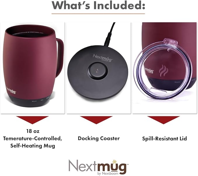 Nextmug Plus (Burgundy - 18 oz.) Temperature-Controlled, Self-Heating Mug – No App, Long-Lasting Battery for Work & Study, Great Gift for Coffee Lovers