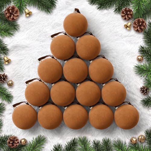 TOWPONICS 15 Pcs Brown Velvet Christmas Balls, 3.15 Inch Large Velvet Ornaments for Christmas Tree, Shatterproof Flocked Ornaments Balls for Tree, Holiday, Wedding, Family, Elegant Christmas Decor