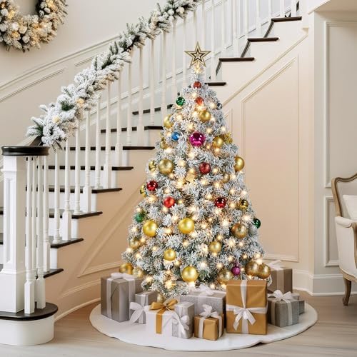 Yaheetech 4.5ft Pre-Lit Snow Flocked Artificial Christmas Tree, 100 Lights