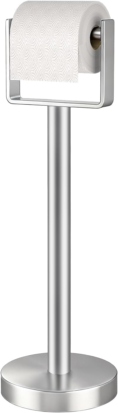 YUMORE Toilet Paper Holder Free Standing, Stainless Steel Toilet Paper Stand, Weighted Base Floor Tissue Roll Holder for Bathroom, Brushed Nickel 200UP