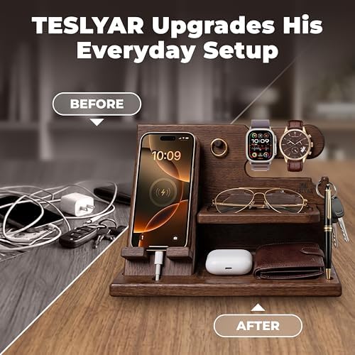 TESLYAR Wood Phone Docking Station for Men - Desk or Nightstand Organizer - Birthday Gifts for Husband, Dad - Anniversary Idea from Wife - Key Holder, Stand Wallet, Watch & Essentials (Bourbon Brown)