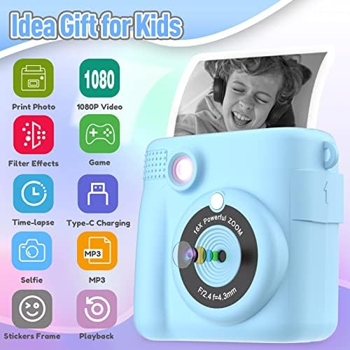 ESOXOFFORE Kids Camera Instant Print, Christmas Birthday Gifts for Kids Age 3-12, Selfie Digital Camera with 1080P Videos,Toddler Portable Travel Toy for 4 5 6 7 8 9 Year Old Boys Girls-Blue