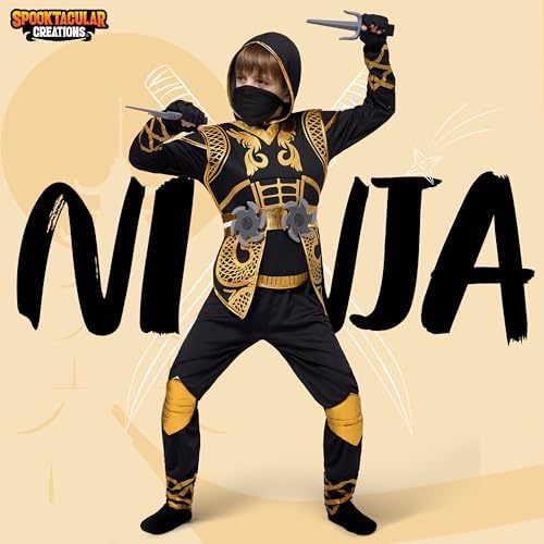 Spooktacular Creations Golden Ninja Costume Set, Ninja Jumpsuit with Foam Accessories for Kids, Toddler Halloween Outfit for Ideas Cosplay Party (X-Large, 12-14 yrs)