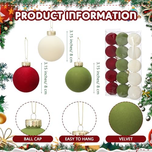 Gemscream 30 Pcs Velvet Christmas Balls, 3.15" Flocked Ornaments, red Green
