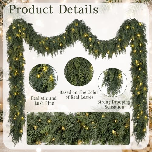 12FT Christmas Cedar Garland with Lights Prelit Pine Garland Decoration