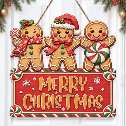 Christmas Decorations Gingerbread Trio Merry Christmas Hanging Wooden Sign