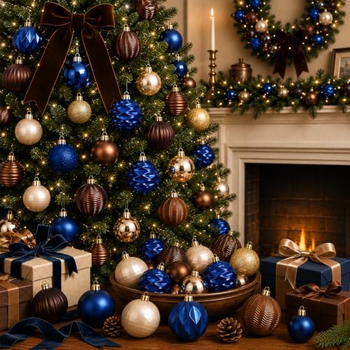Lunmon 64 Pcs Vintage Christmas Ornament Royal Blue Bronze Champagne Gold