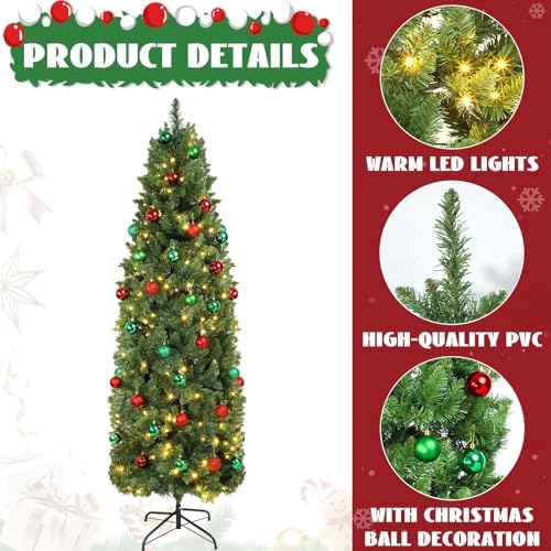 31 Pcs 6 Ft Artificial Slim Christmas Tree with 200 LED Warm White String Lights 30 Red Green Ball Ornaments Skinny Thin Pencil Tree with Metal Stand for Home Xmas Holiday Party Decoration