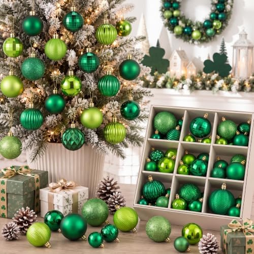 Lunmon 64 Pcs St. Patrick's Day Ball Ornaments Glitter Matt Lime Green Assorted Plastic Irish St. Patrick's Day Decoration for Xmas Tree & Party Supplies