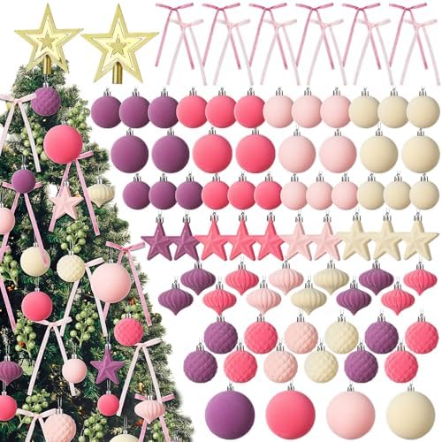 Hollowfly 95 PCS Velvet Christmas Tree Decor Set, Pink, Beige