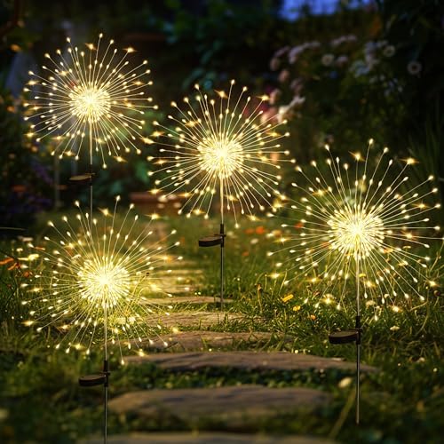GIGALUMI 4 Pack Solar Firework Lights Outdoor, Garden Decor, Warm White