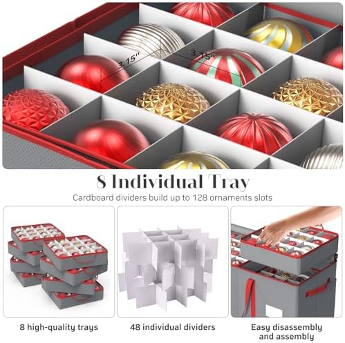 Winpull Christmas Ornament Storage Box with 8 Trays, Christmas Storage Container for 128-3'' Holiday Ornament Decorations, Large Xmas Organizer with Adjustable Dividers, Dual Zipper and Pocket (Grey)
