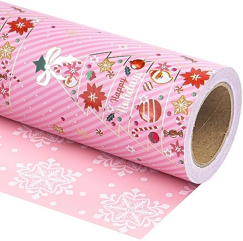 WRAPAHOLIC Reversible Pink Christmas Wrapping Paper - Mini Roll - 17 Inch x 33 Feet - Pink Christmas Tree Wrapping Paper and Snowflake Design for Holiday, Party Celebration