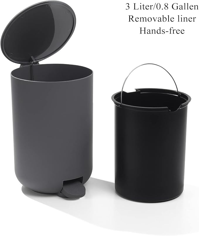 GAHEFY Grey Bathroom Accessories Set with Small Trash Can 3 Liter/0.8 Gallon,Toothbrush Holder,Soap Dispenser,Vanity Tray,Toilet Bowl Brush and Holder Grey 5PCS