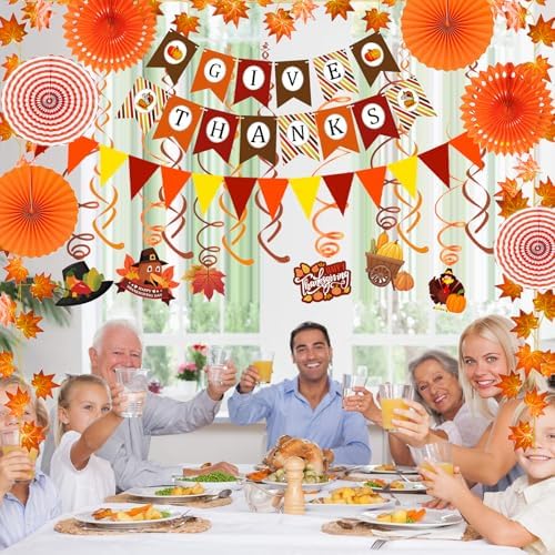 Fecedy Give Thanks Pumpkin Maple leaf Paper Banner Triangle Flag Bunting Maple Leaf Hanging Garland Paper Fan Flower Swirl Streamers for Thanksgiving Day Party Decoration