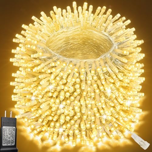 Pooqla 500 LED Warm White String Lights Indoor Outdoor, 164 ft Christmas Lights Plug in with Timer, Connectable 8 Modes Waterproof Clear Wire Twinkle Fairy Lights for Bedroom Party Classroom Decor