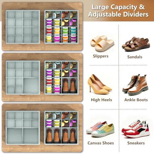 Shoe Organizer for Closet,2 Pack Foldable Shoe Storage Organizer Box Bin with Adjustable Dividers and Clear Cover, Fits up to 16-32 Pairs（Grey）
