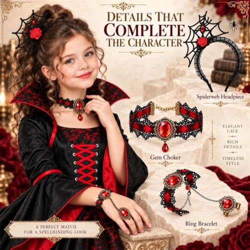 Girls Vampire Costume, Vampiress Dress with Headpiece, Necklace and Bracelet, Halloween Cosplay Outfit for Kids