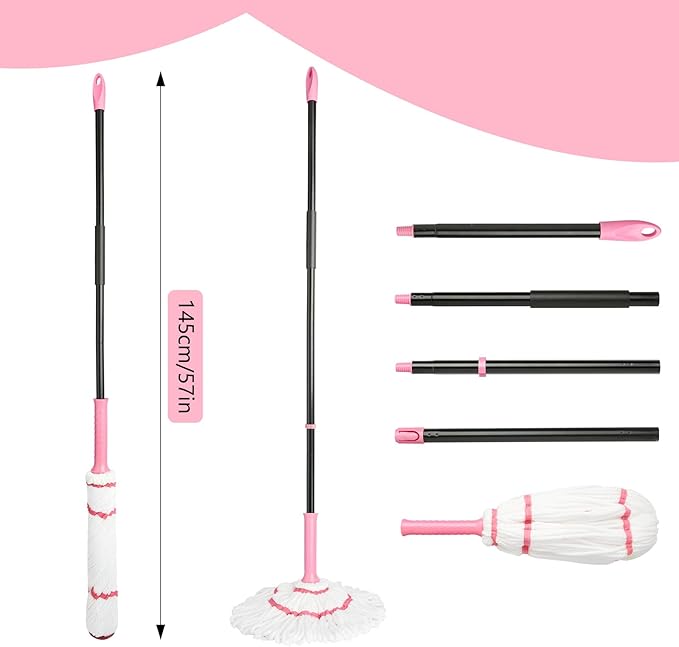 XXXFLOWER Broom and Dustpan Set with Cleaning Teeth+Self-Wringing Twist Mop for Floor Cleaning, 57” Long Handle Heavy Duty Microfiber Mop for Wet Mopping on Tile, Hardwood, Kitchen, Bathroom