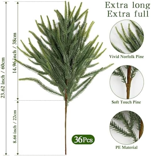 36Pcs Christmas Norfolk Pine Stems, Real Touch Branches, Greenery Picks