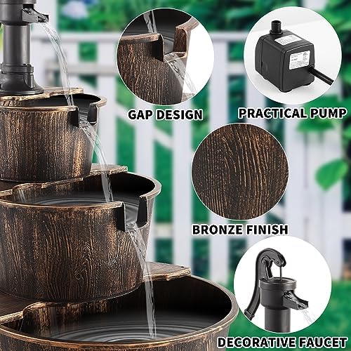 YI 40-Inch 3 Tier Barrel Waterfall Fountain Outdoor Water Fountains Barrel Wood 3-Tier Freestanding Rustic Pump for Garden Patio Backyard Porc