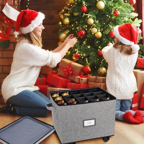 Lukeline Rolling Christmas Ornament Storage Box, Holiday Ornament Organizer with 3 Individual Removable Trays, Large Capacity Christmas Ornament Box with Tow Rope and Double Handles (Grey)