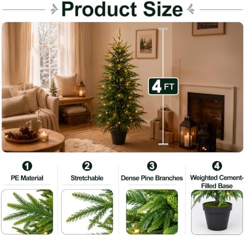 4FT Norfolk Pine Tree with Lights, Artificial Pine Christmas Tree for Decor